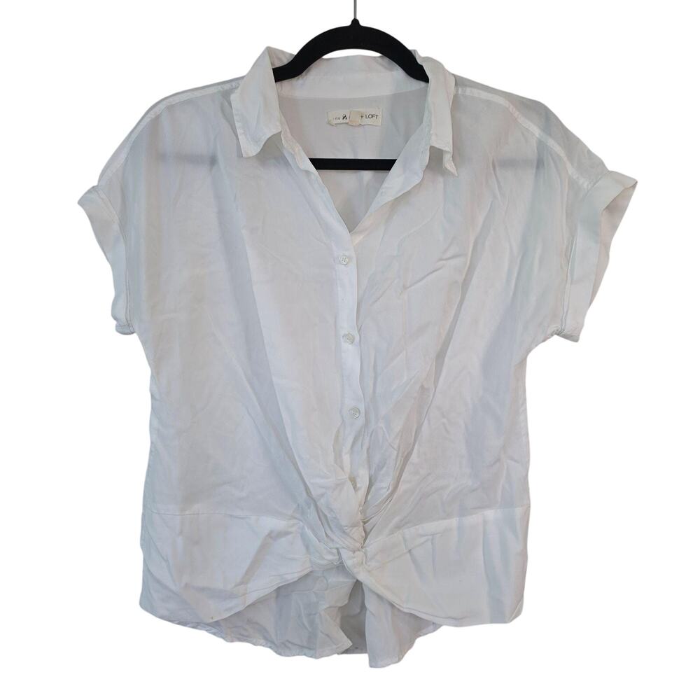 Lou & Grey For LOFT Shirt Womens Small White Button Front Tie Hem Short Sleeve